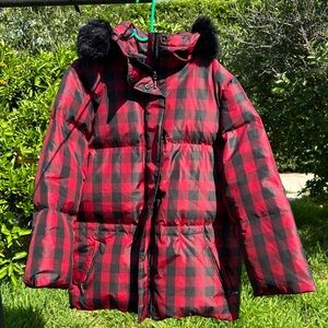 Lauren Ralph Lauren Red and Black Checkered Buffalo Puffer Jacket Faux Fur Hood